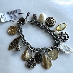 Chico Celtic Charm Bracelet NWT Tag $45 15 Charms Mixed Metal Hearts 8" Discs